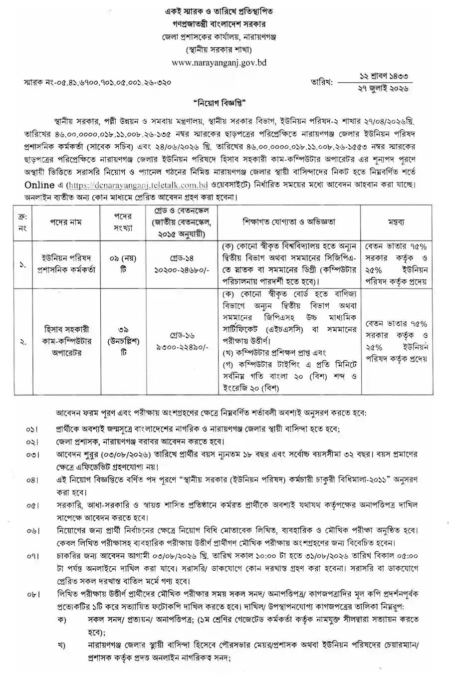 নারায়ণগঞ্জ জেলা প্রশাসকের কার্যালয় নিয়োগ বিজ্ঞপ্তি ২০২৬-1