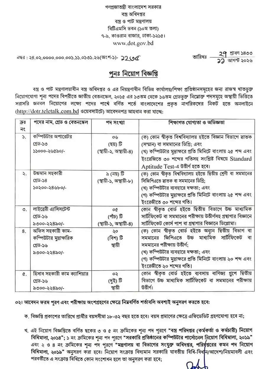 বস্ত্র-অধিদপ্তর-নিয়োগ-বিজ্ঞপ্তি-২০২৬-1