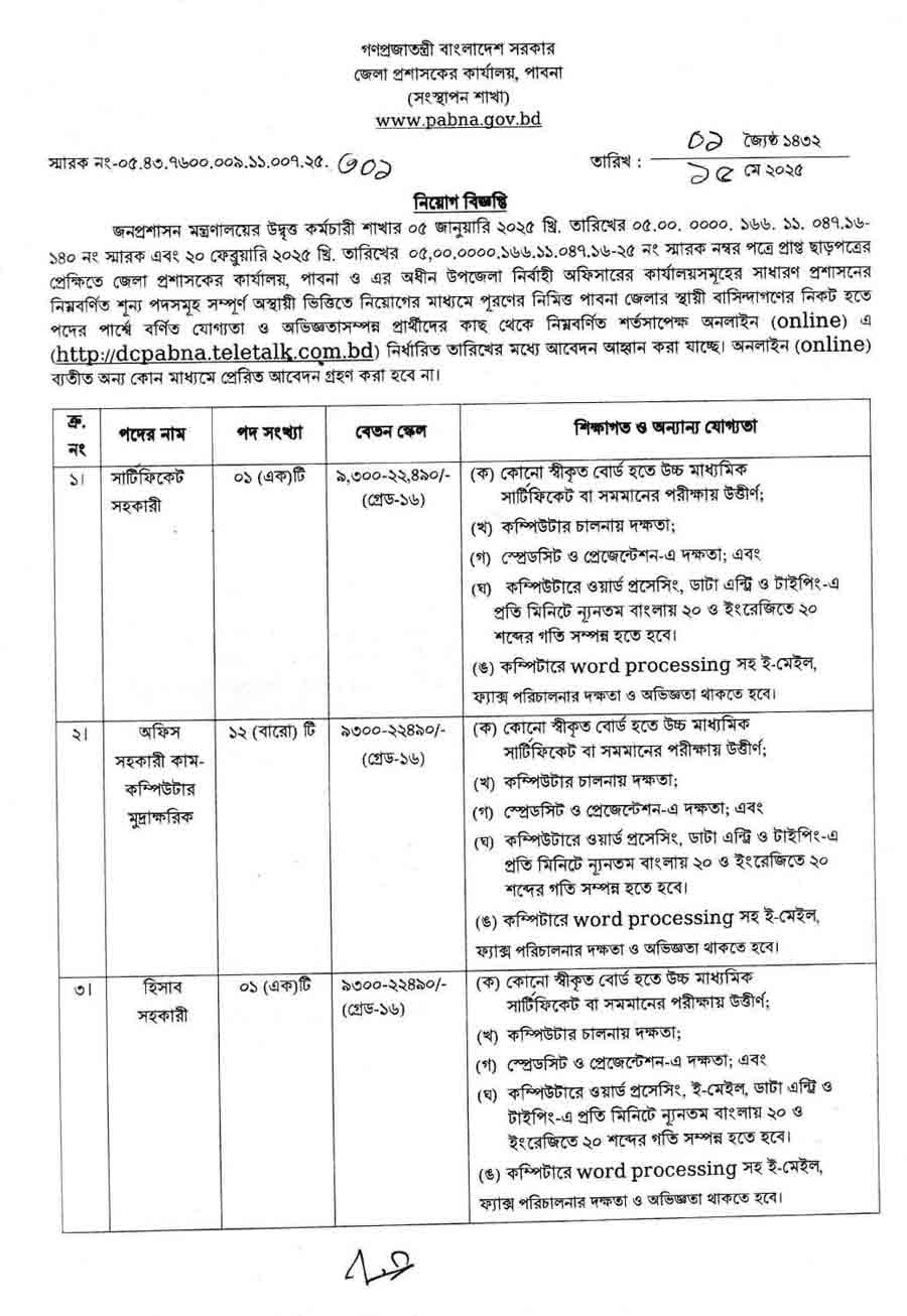 পাবনা জেলা প্রশাসকের কার্যালয় নিয়োগ বিজ্ঞপ্তি ২০২৫ 1