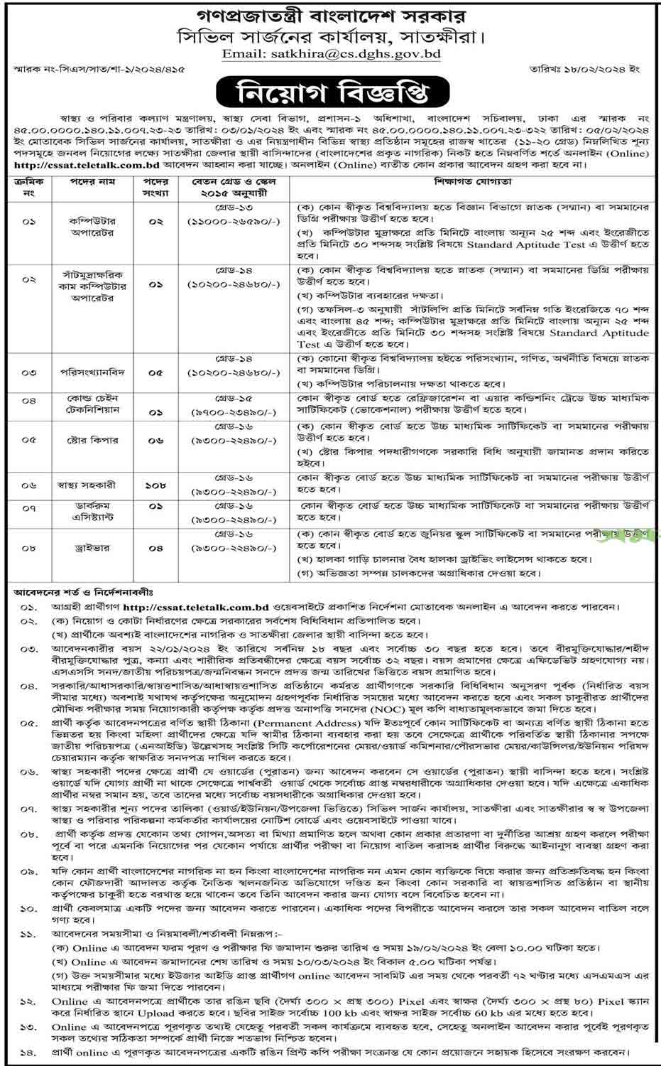 সাতক্ষীরা সিভিল সার্জন কার্যালয় নিয়োগ বিজ্ঞপ্তি ২০২৪ 1