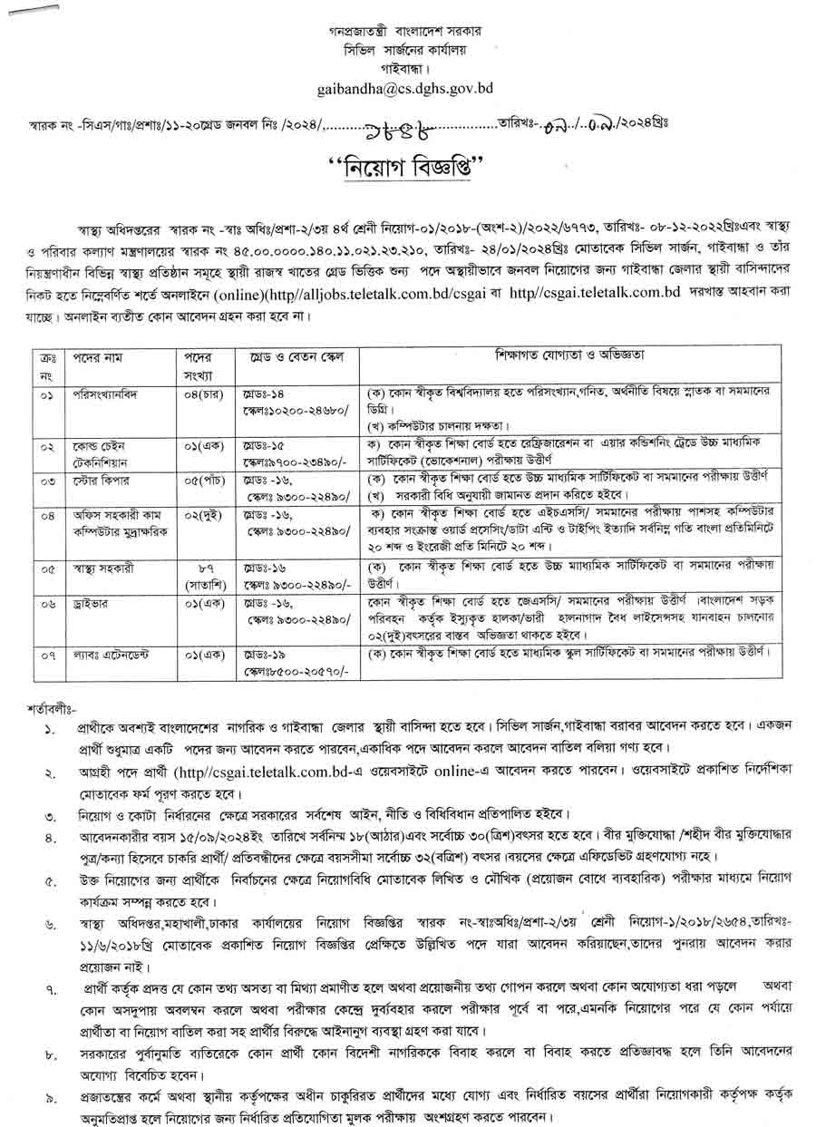 গাইবান্ধা সিভিল সার্জন কার্যালয় নিয়োগ বিজ্ঞপ্তি ২০২৪ 1