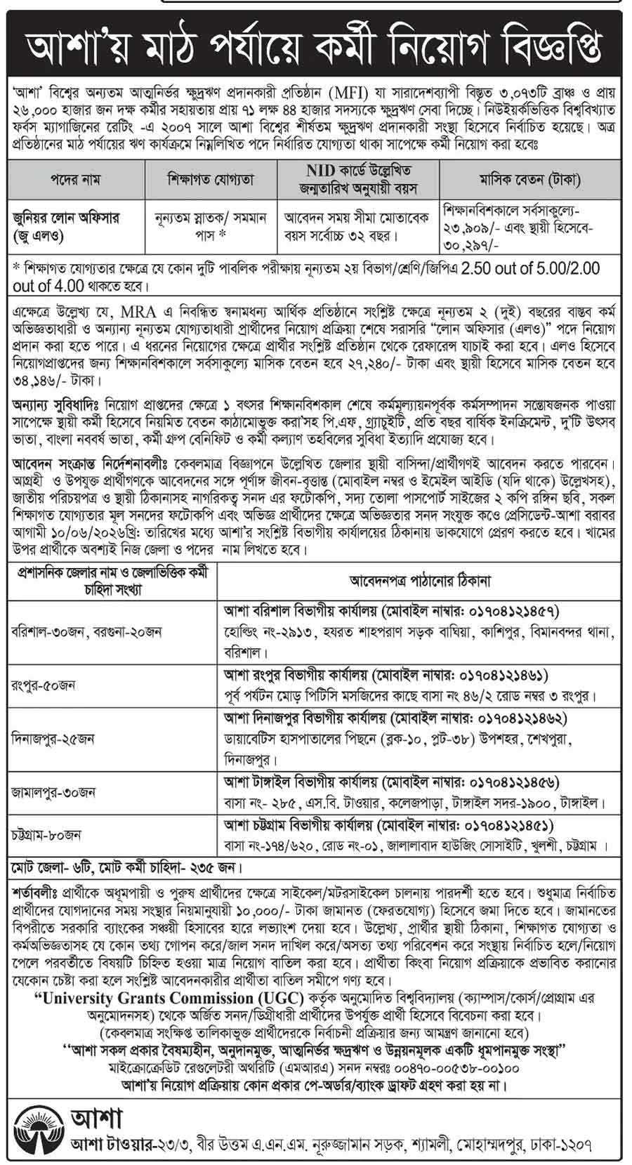 আশা এনজিও নিয়োগ বিজ্ঞপ্তি ২০২৬