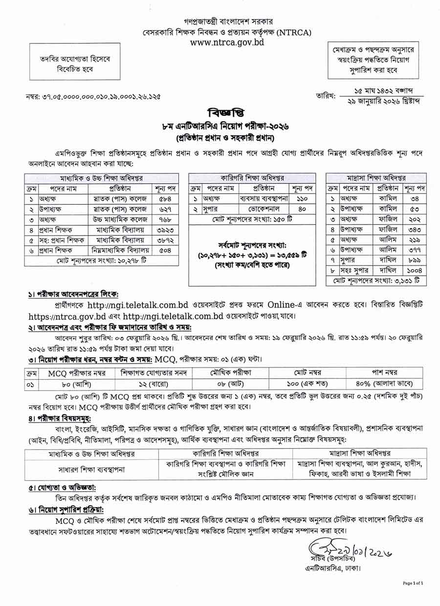 ৮ম এনটিআরসিএ নিয়োগ বিজ্ঞপ্তি ২০২৬ NTRCA Job Circular 2026