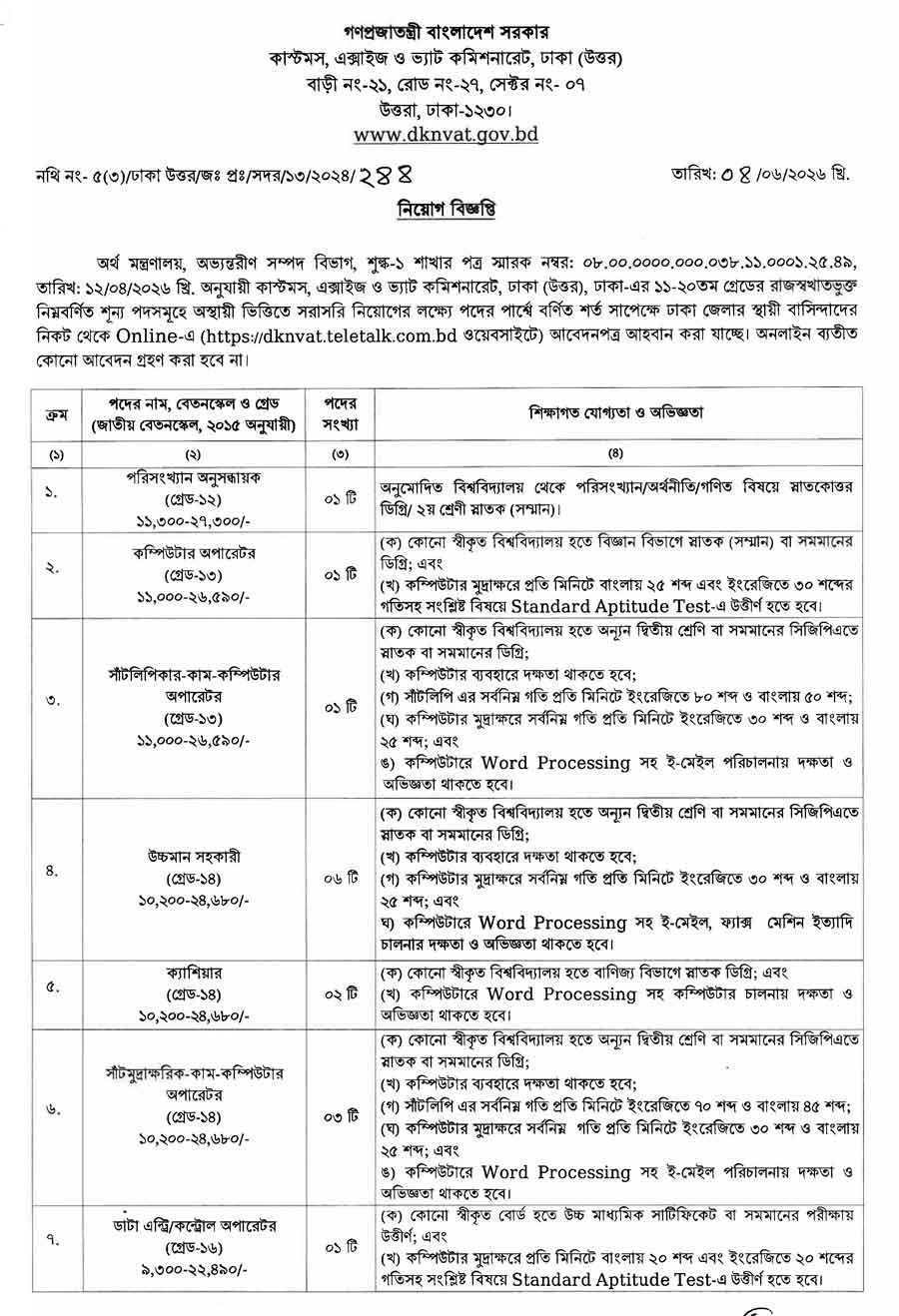 ঢাকা-(উত্তর)-কাস্টমস-এক্সাইজ-ও-ভ্যাট-কমিশনারেট-নিয়োগ-বিজ্ঞপ্তি-২০২৬-1