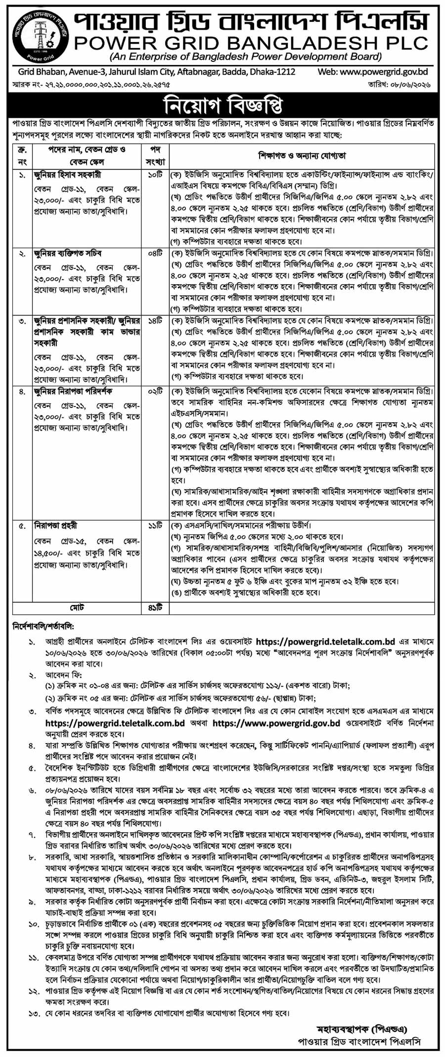 পাওয়ার-গ্রিড-বাংলাদেশ-পিএলসি-নিয়োগ-বিজ্ঞপ্তি-২০২৬