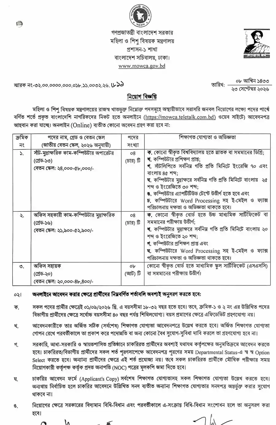 মহিলা-ও-শিশু-বিষয়ক-মন্ত্রণালয়-নিয়োগ-বিজ্ঞপ্তি-২০২৬-1